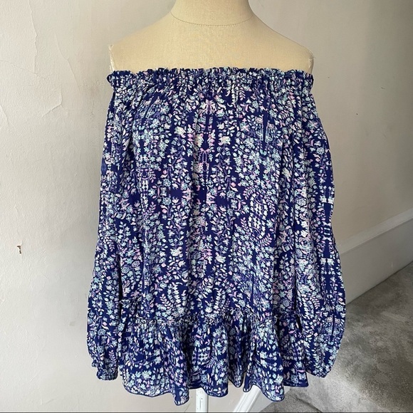 Rebecca Taylor Indigo Combo Floral Paisley-Print Silk Off the Shoulder Blouse 2 - Picture 3 of 11
